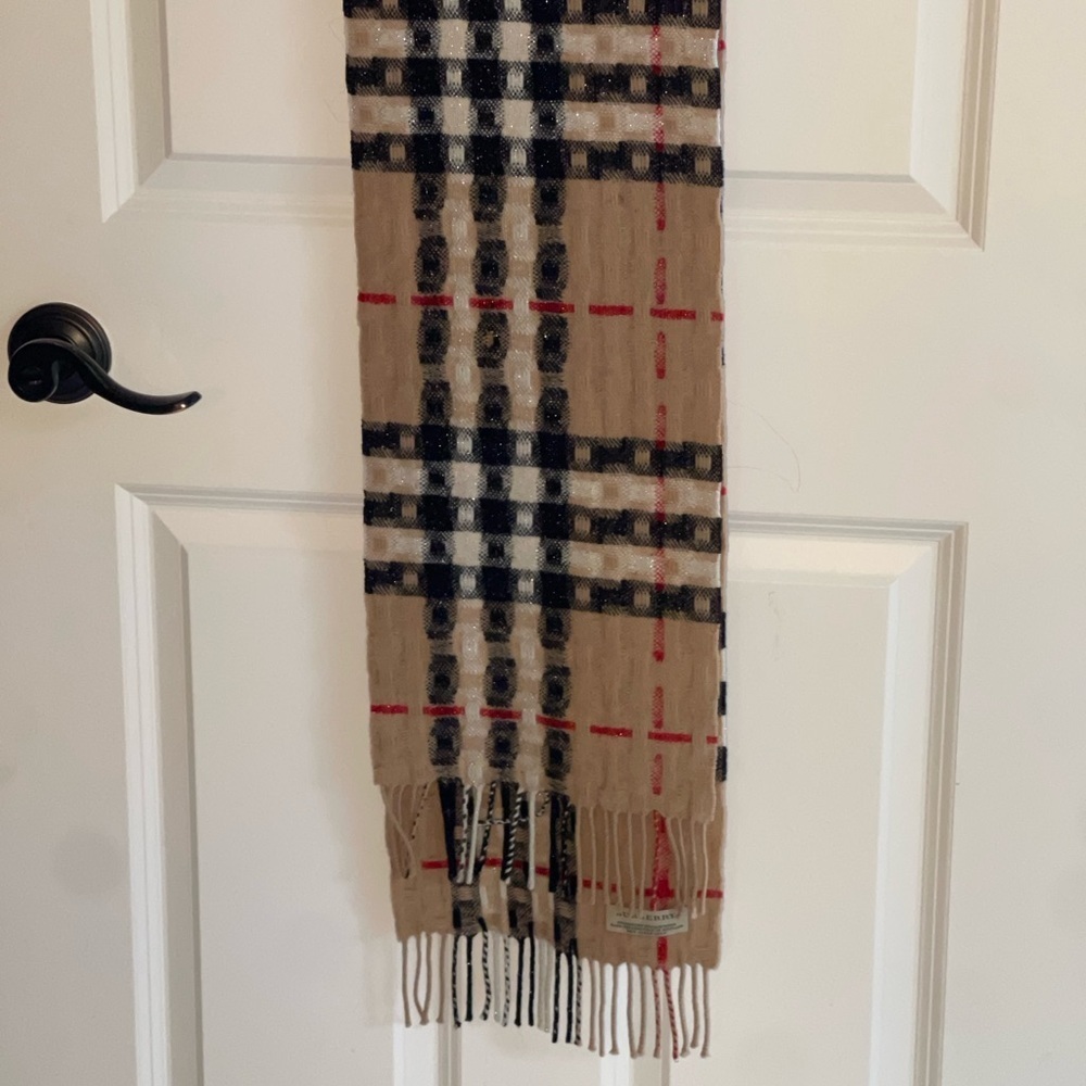 BURBERRY Glitter Tan Checkered Wool Scarf Woven Textured Fringe L: 56" x W: 14" - Picture 4 of 8